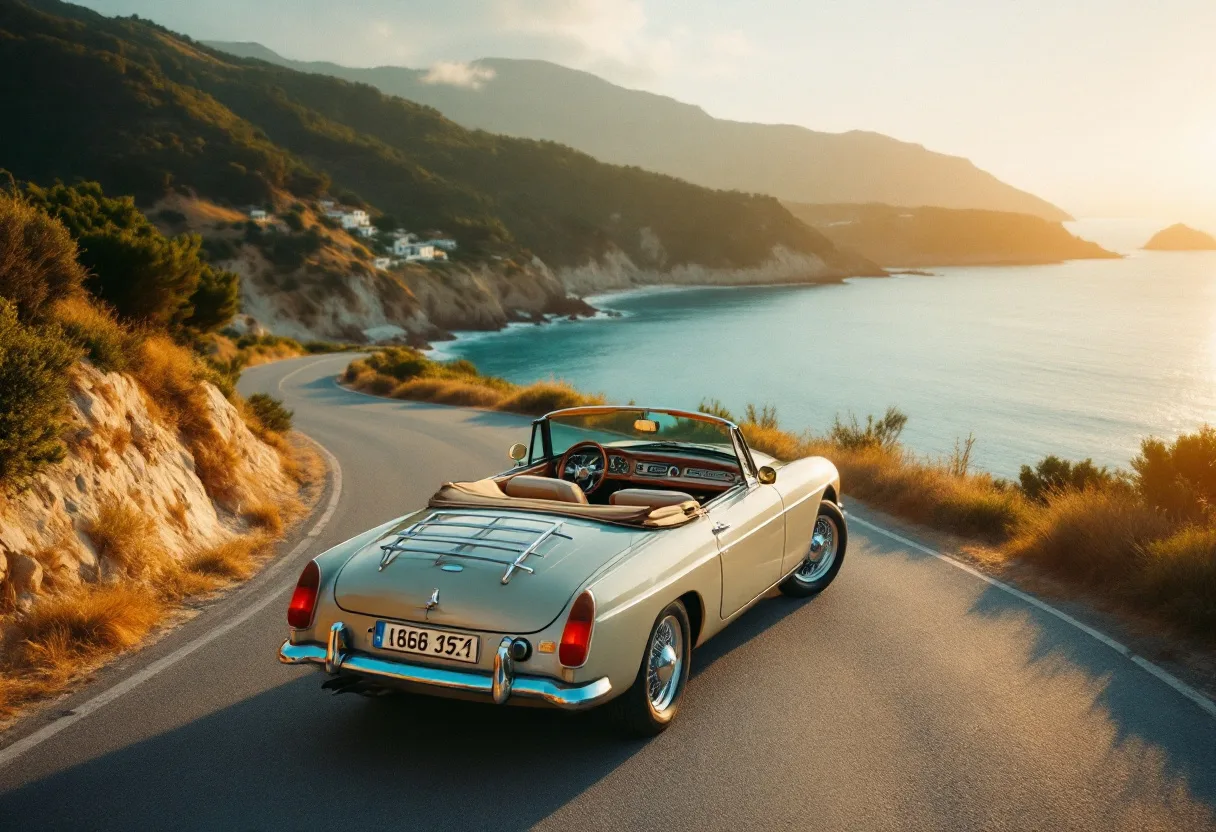 A convertible parked on an empty coastal road above a blue bay.