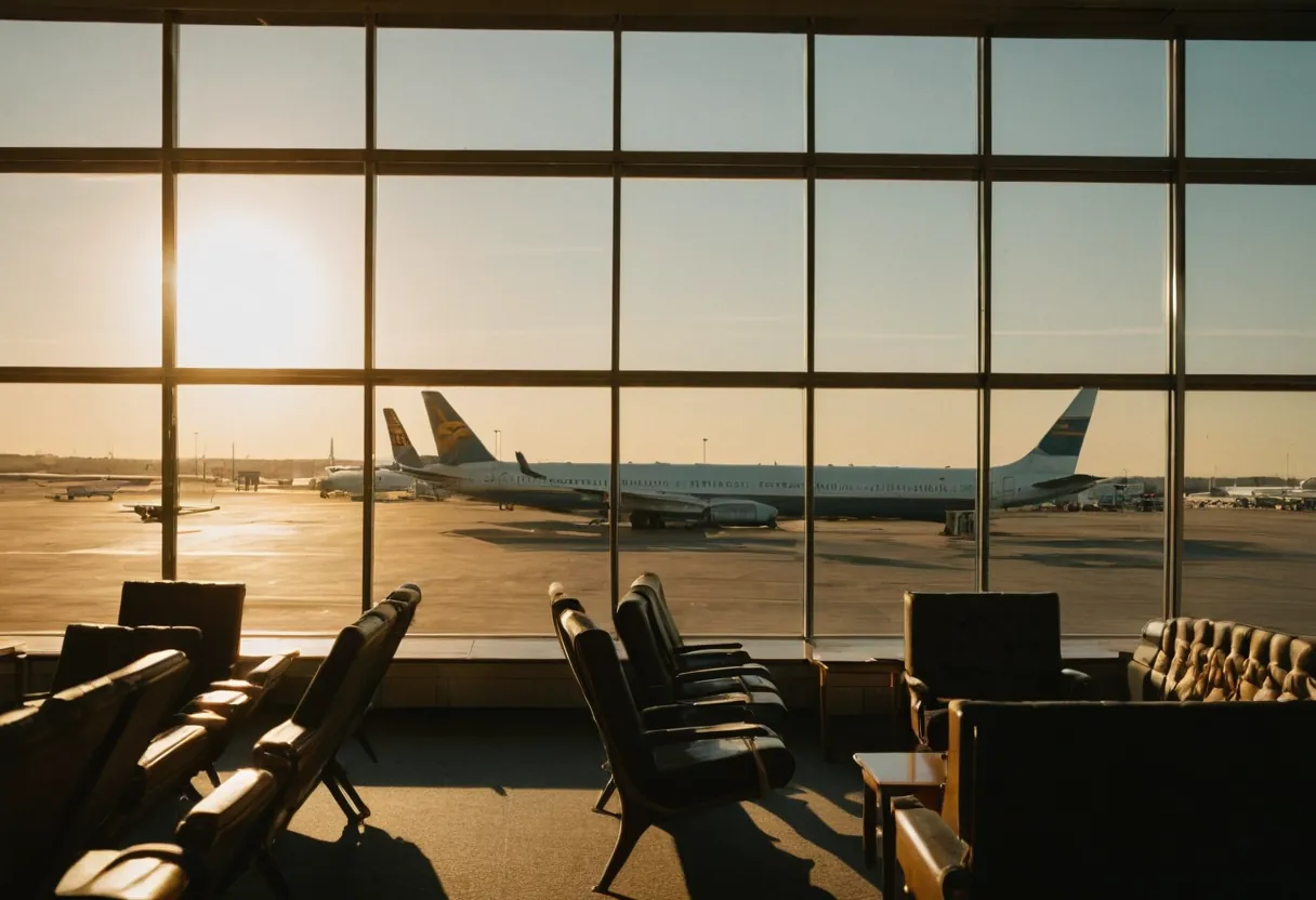 An airliner at the gate at golden hour, seen through terminal windows.