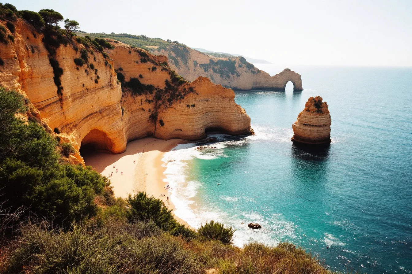 Golden sandstone cliffs and a hidden turquoise cove in the Algarve.