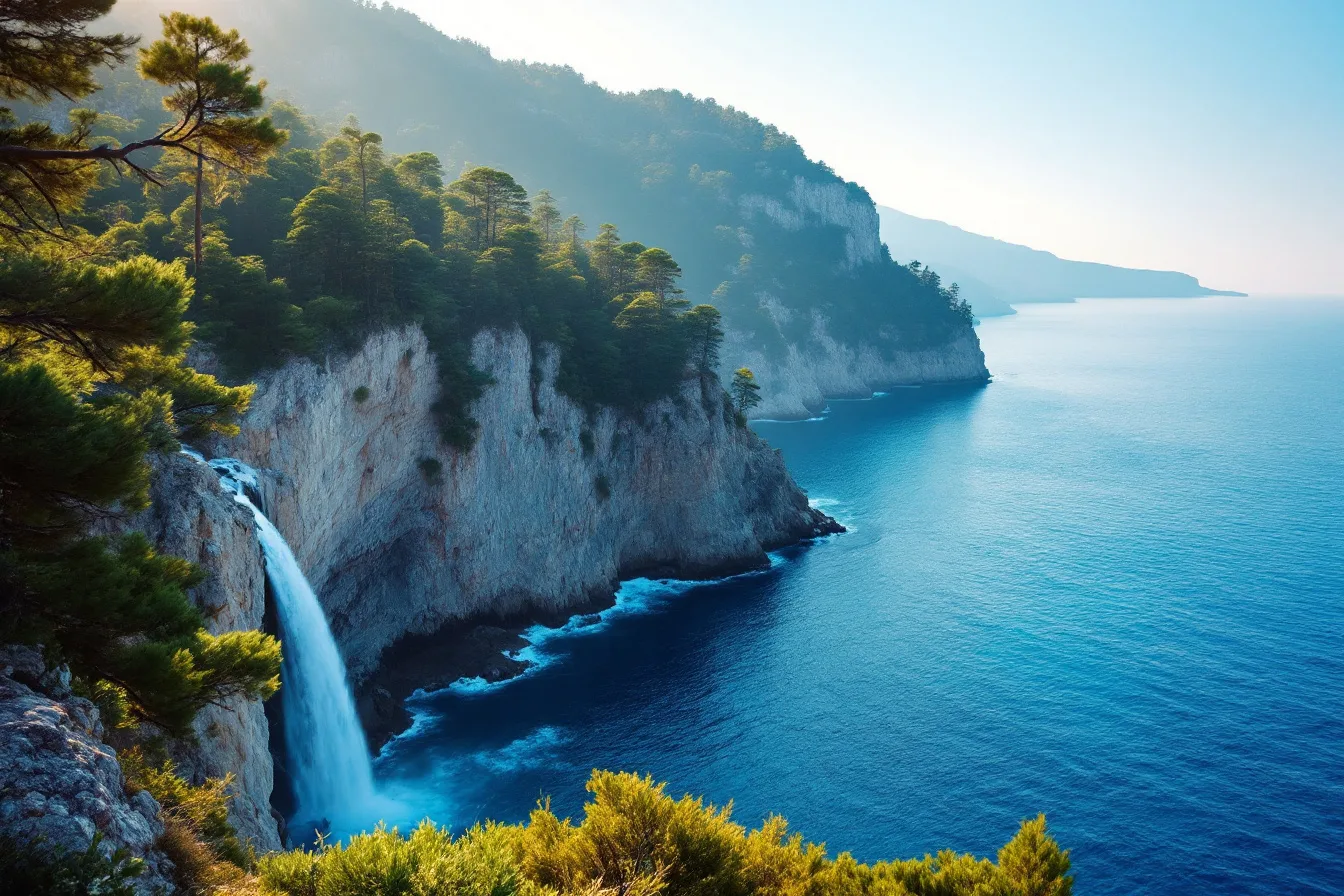 Pine-clad cliffs dropping to deep blue sea on the Turkish Riviera.