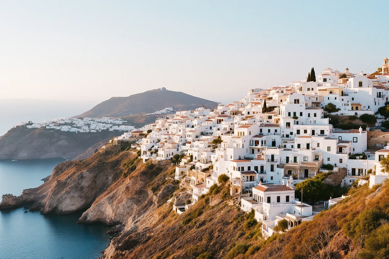 A whitewashed Andalusian hilltop village above a blue bay on the Costa del Sol.