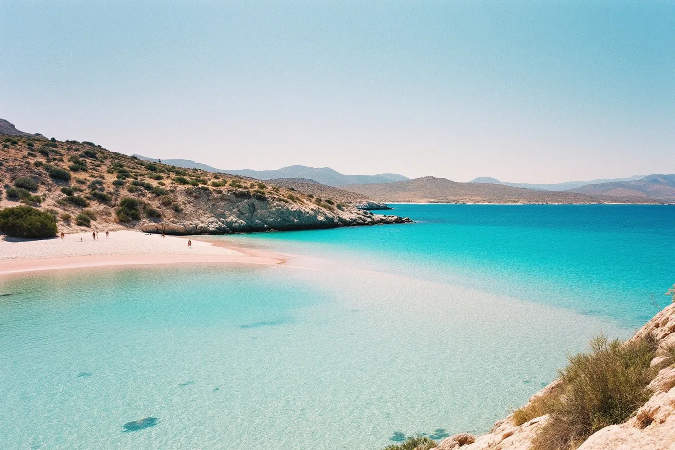 A pink-tinged sandy lagoon meeting clear turquoise shallows on Crete.
