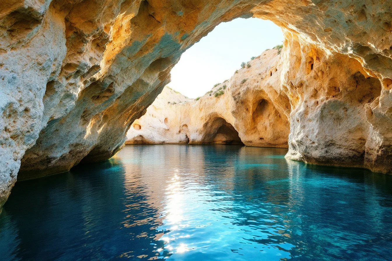 Pale rock arches over brilliant clear blue water on the Cyprus coast.
