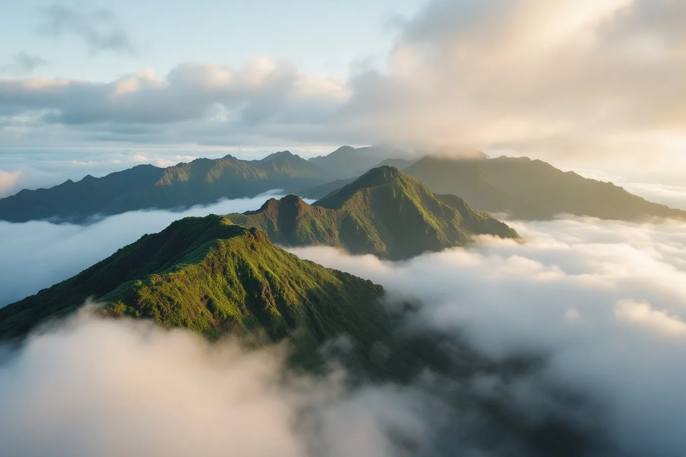 Lush green volcanic mountain ridges rising above the clouds on Madeira.