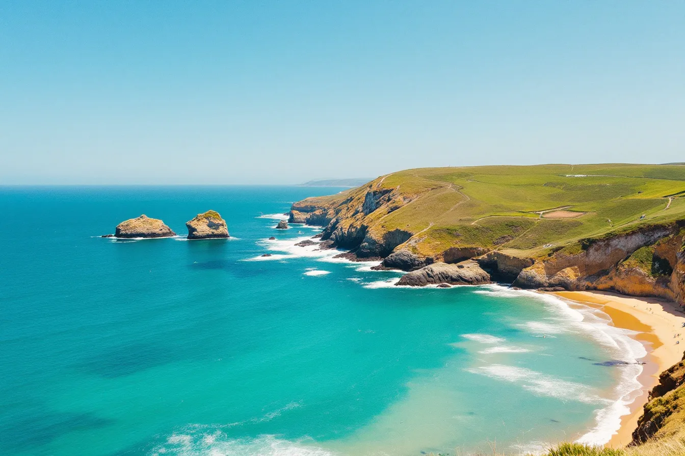 A sunlit Cornish cove with turquoise sea and golden sand.