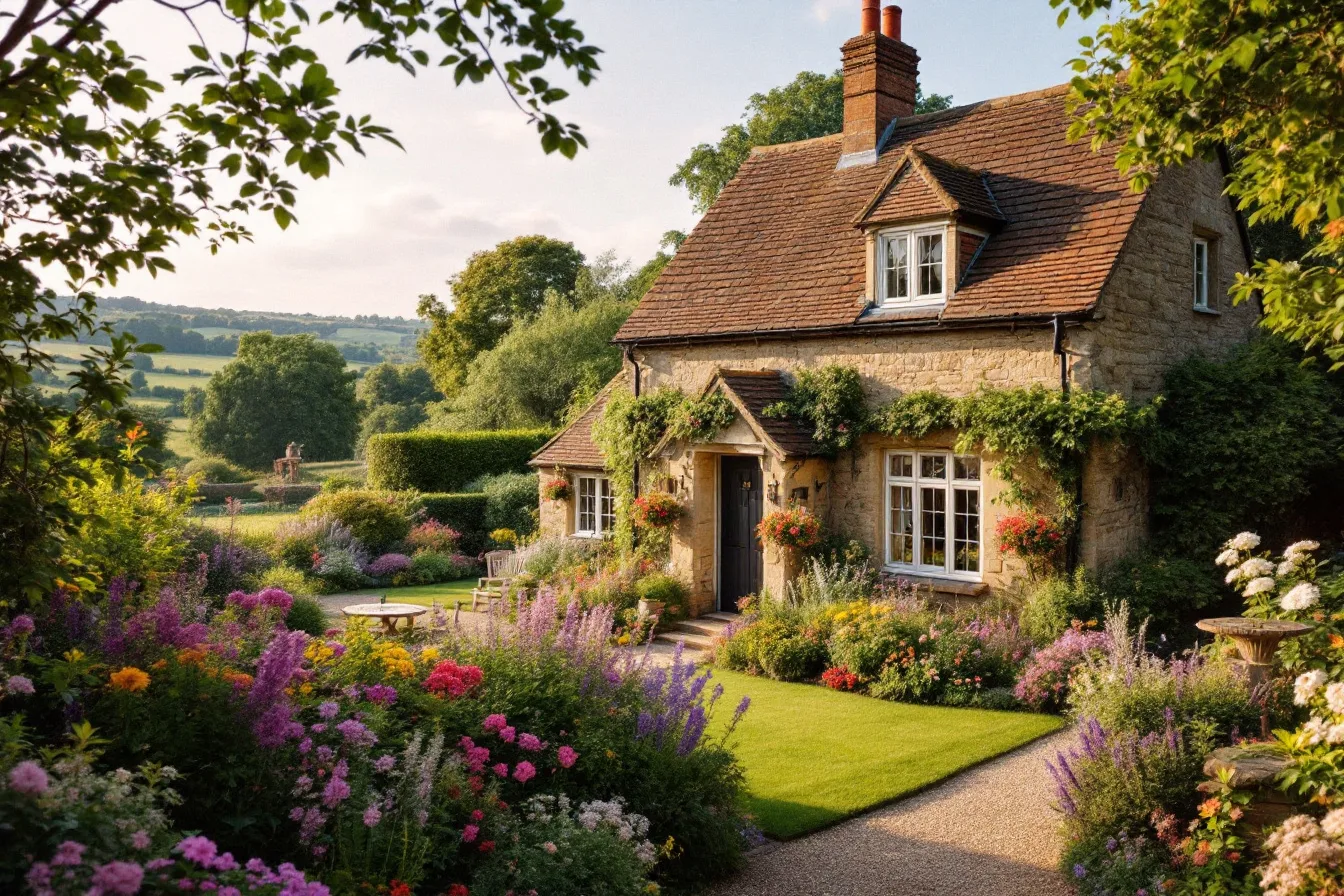 An English stone holiday cottage with a summer flower garden.