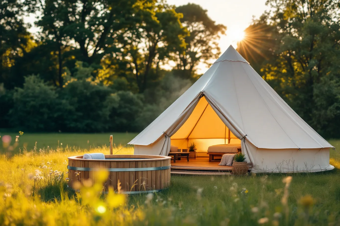 A glamping bell tent and wood-fired hot tub in a sunny meadow.