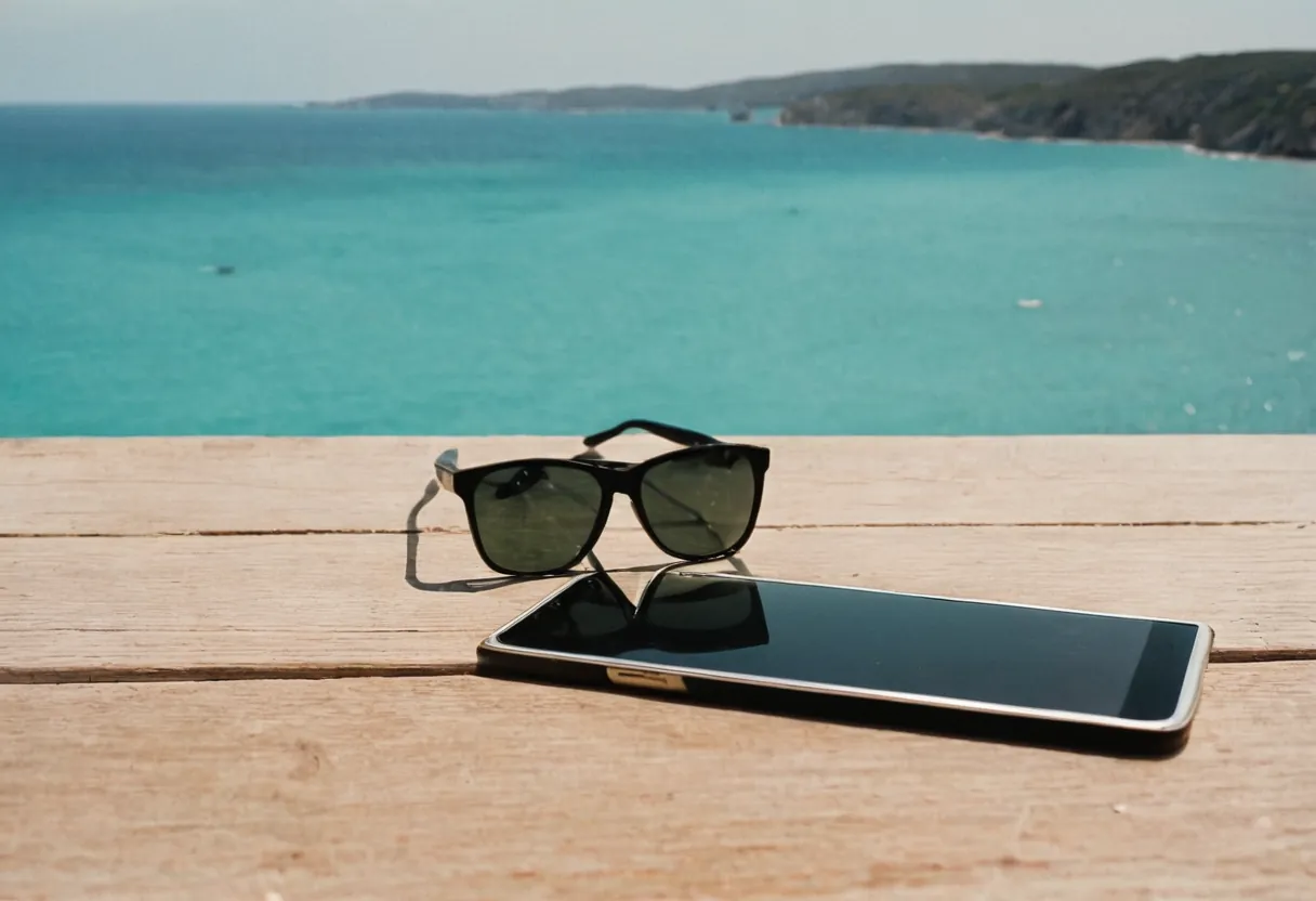 A smartphone and sunglasses on a wooden table overlooking a turquoise bay.