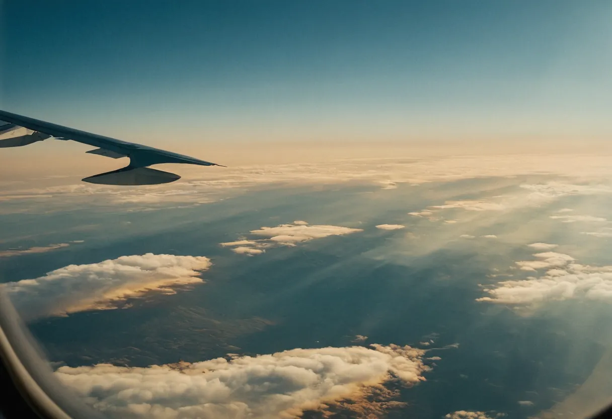 View along an aircraft wing over a sunlit sea of clouds.