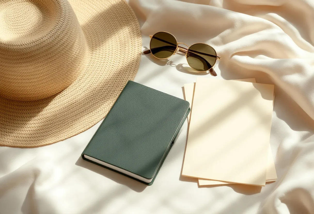 A sun hat, passport and boarding passes laid out on pale linen.