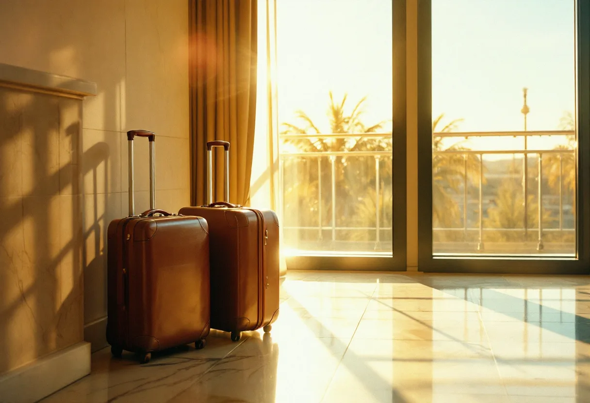 Two leather suitcases in a sunlit hotel lobby window.