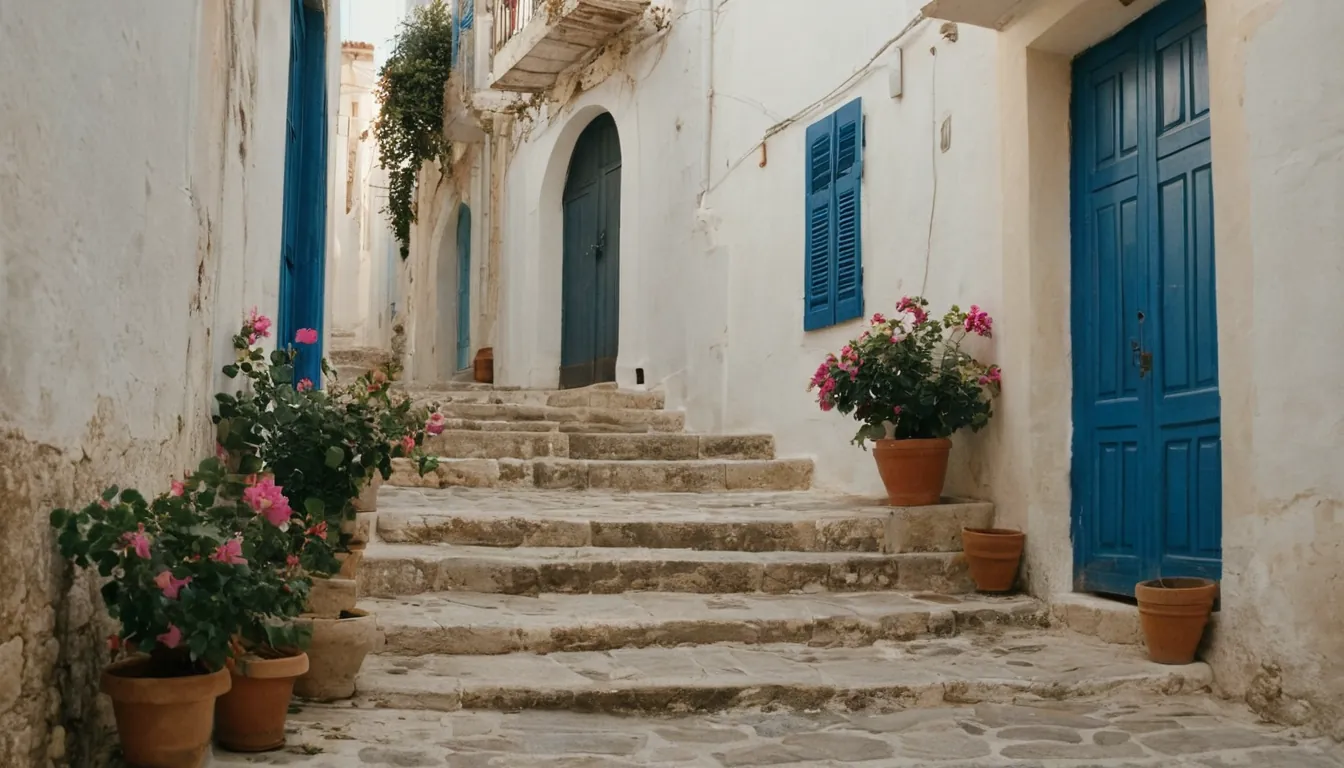 A sunlit whitewashed old town street with stone steps and bougainvillea in Puglia.