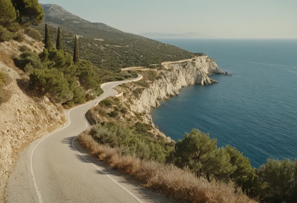 A narrow coastal road curving along a sunlit hillside above deep blue sea, with pines and cypress trees.