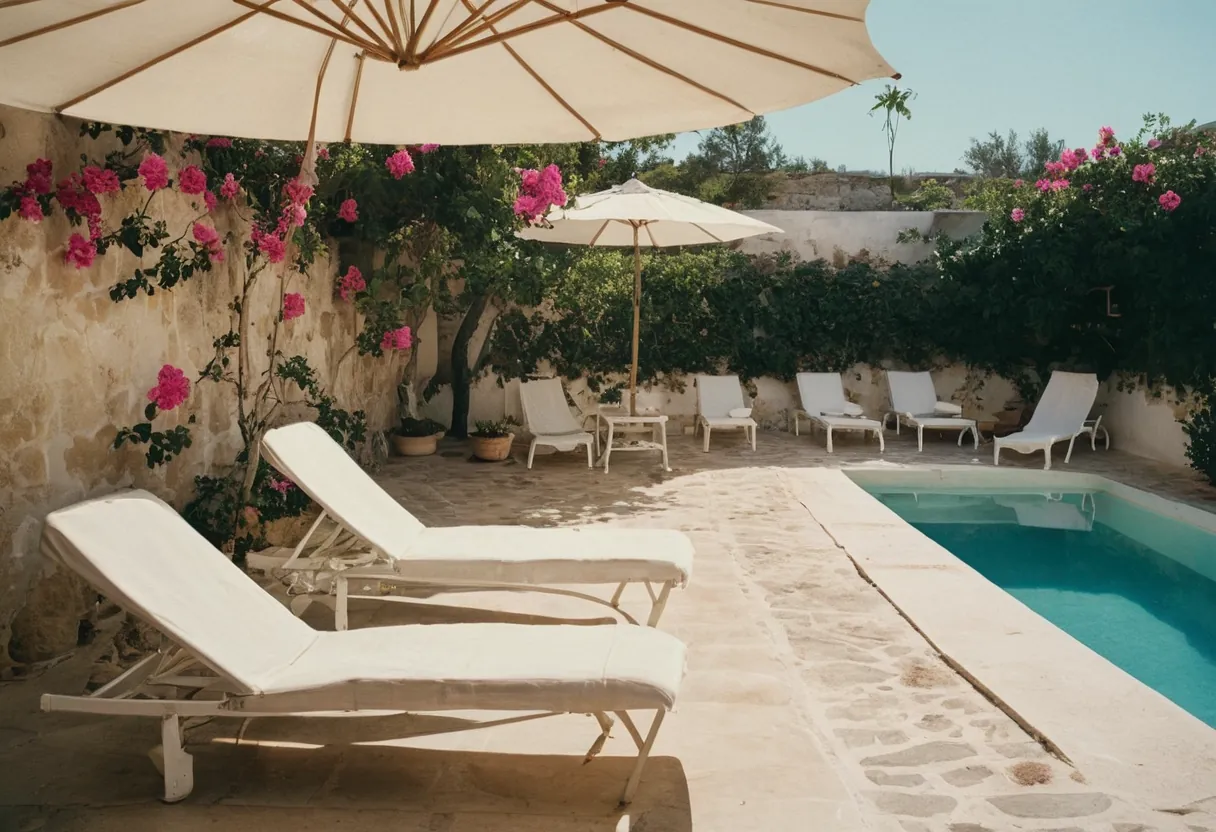 A quiet Mediterranean hotel terrace at golden hour, with a small turquoise pool, white sun loungers under a parasol and bougainvillea against a whitewashed wall.