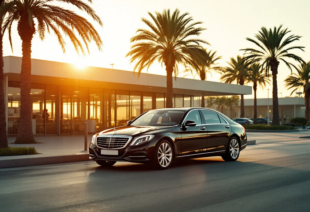 An executive car waiting outside a small sunlit airport terminal.